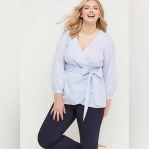 Lane Bryant Gingham True Wrap Blouse 3/4 Length Sleeves Size 14 EUC! Blue, White